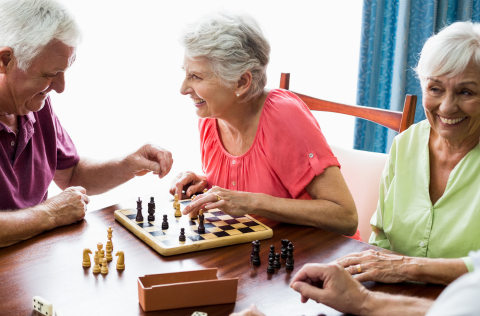 Stock photo of seniors playing chess and smiling