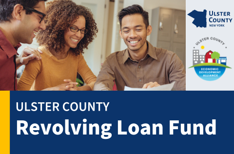 Ulster County Revolving Loan Fund - Image of three professional adults reviewing paperwork; Ulster County and UCEDA Logos