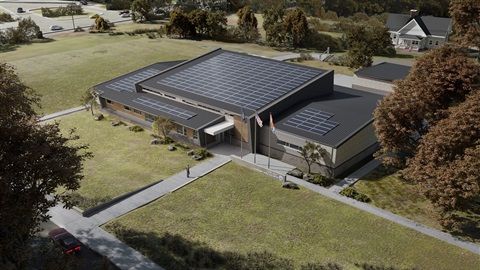 Rendering of the finished ECC building from above.