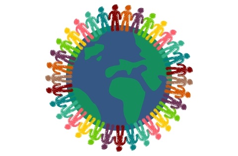 Logo of simple, multicolored people shapes holding hands ringed around a simple graphic of earth