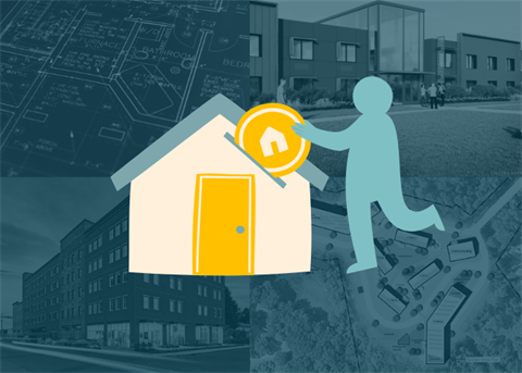 Illustration of a figure putting a coin into a house-shaped piggy bank.