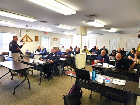 Photo of EMS Training at the Ulster County Public Training Center, numerous first responders in a classroom